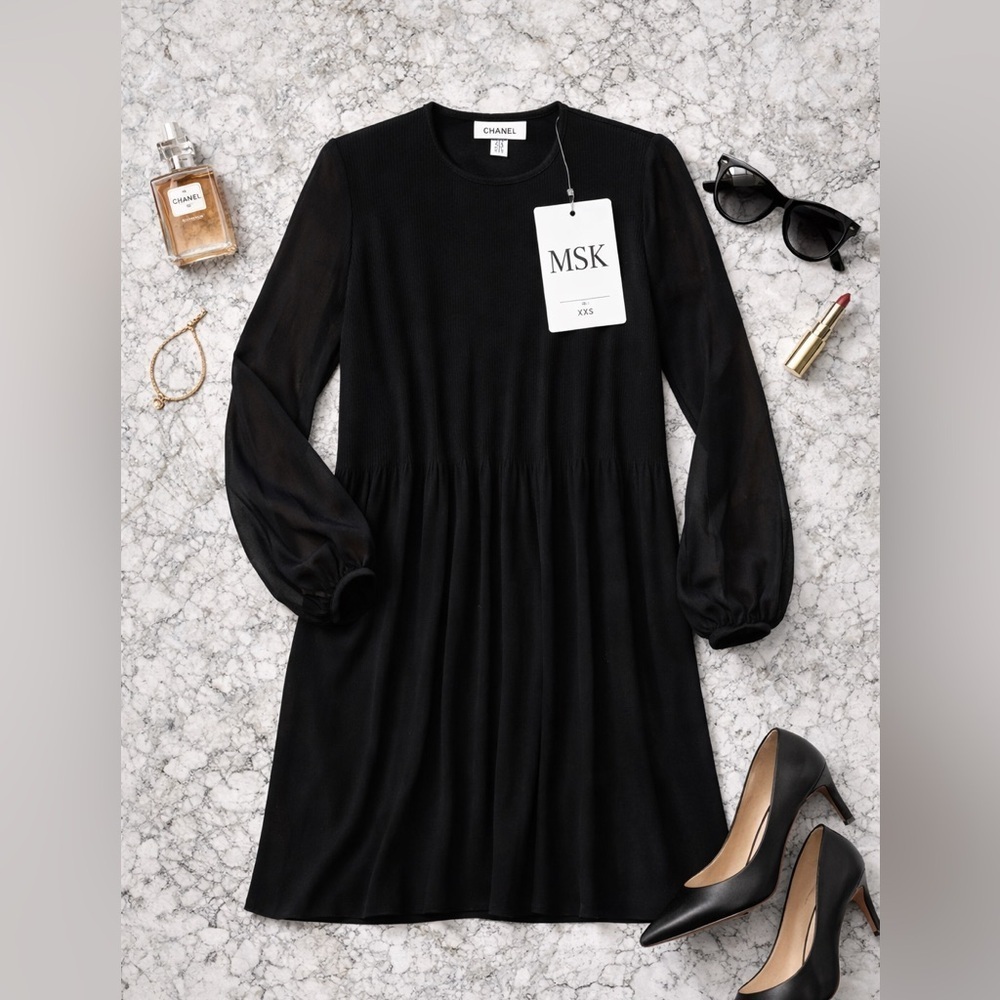 MSK Black Released Pleat Long Sleeve Shift Dress XXS NWT Elegant Classic